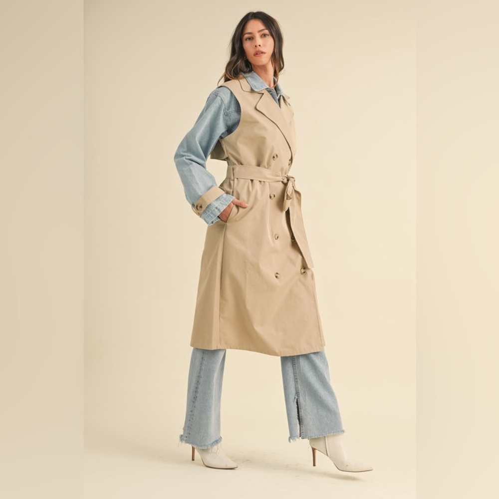 Layered Trench Coat with Denim Jacket Size M Tan Blue Outerwear Classic Neutral